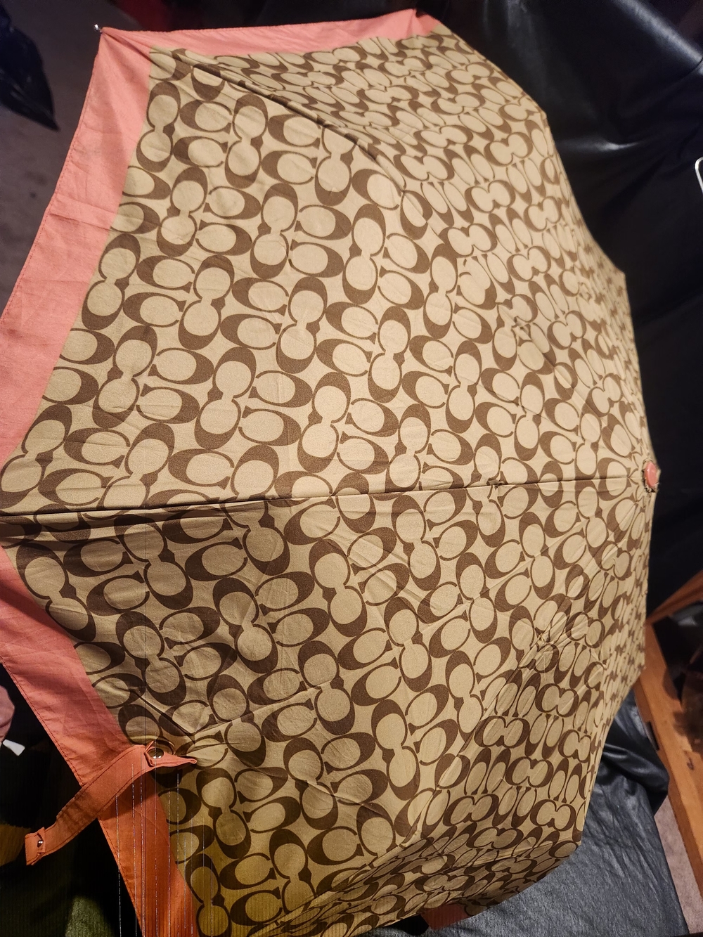Coach Brown Signature Print Umbrella with Pink Trim